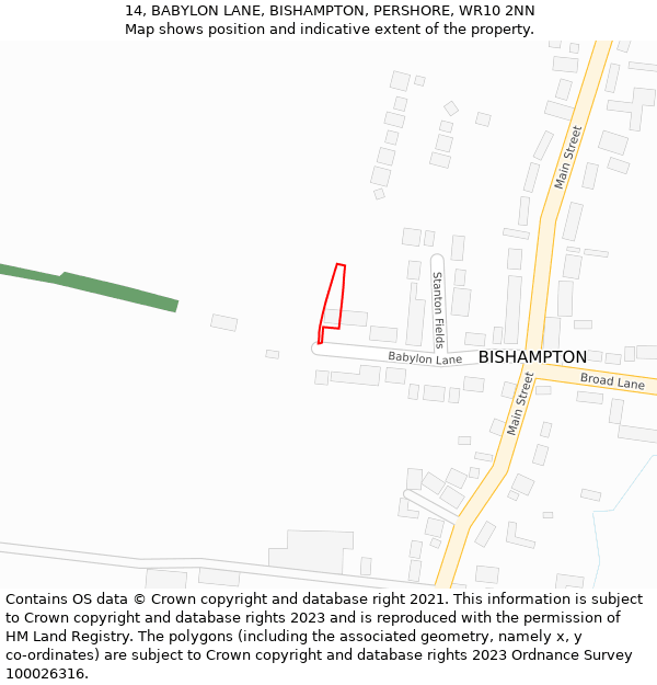 14, BABYLON LANE, BISHAMPTON, PERSHORE, WR10 2NN: Location map and indicative extent of plot