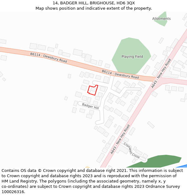 14, BADGER HILL, BRIGHOUSE, HD6 3QX: Location map and indicative extent of plot