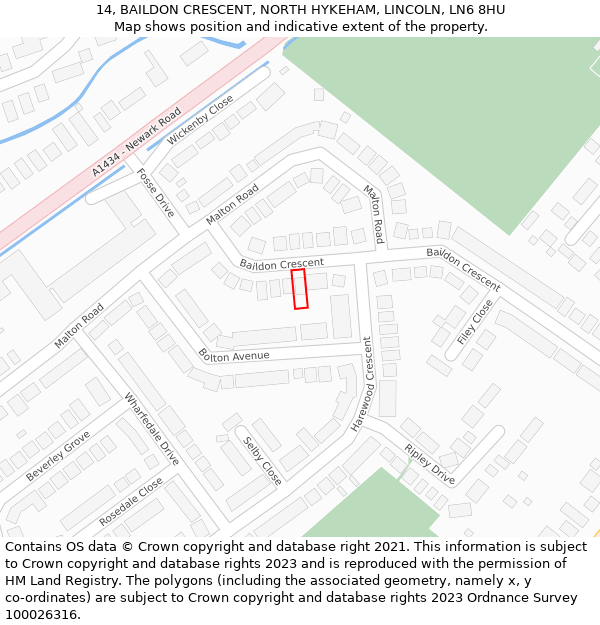 14, BAILDON CRESCENT, NORTH HYKEHAM, LINCOLN, LN6 8HU: Location map and indicative extent of plot