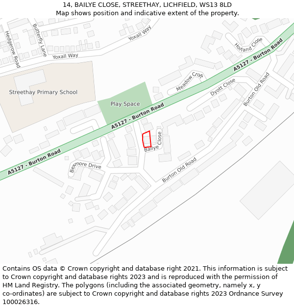 14, BAILYE CLOSE, STREETHAY, LICHFIELD, WS13 8LD: Location map and indicative extent of plot