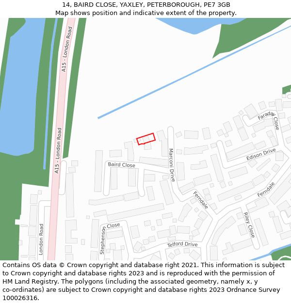 14, BAIRD CLOSE, YAXLEY, PETERBOROUGH, PE7 3GB: Location map and indicative extent of plot