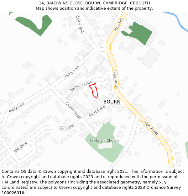 14, BALDWINS CLOSE, BOURN, CAMBRIDGE, CB23 2TH: Location map and indicative extent of plot