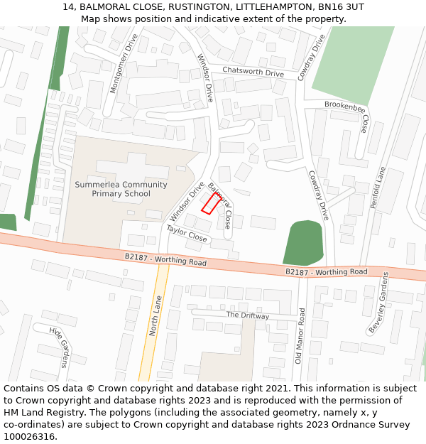 14, BALMORAL CLOSE, RUSTINGTON, LITTLEHAMPTON, BN16 3UT: Location map and indicative extent of plot