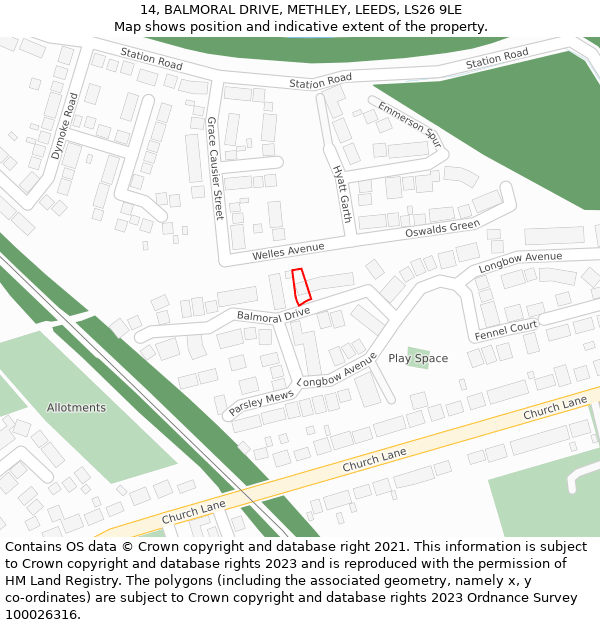 14, BALMORAL DRIVE, METHLEY, LEEDS, LS26 9LE: Location map and indicative extent of plot