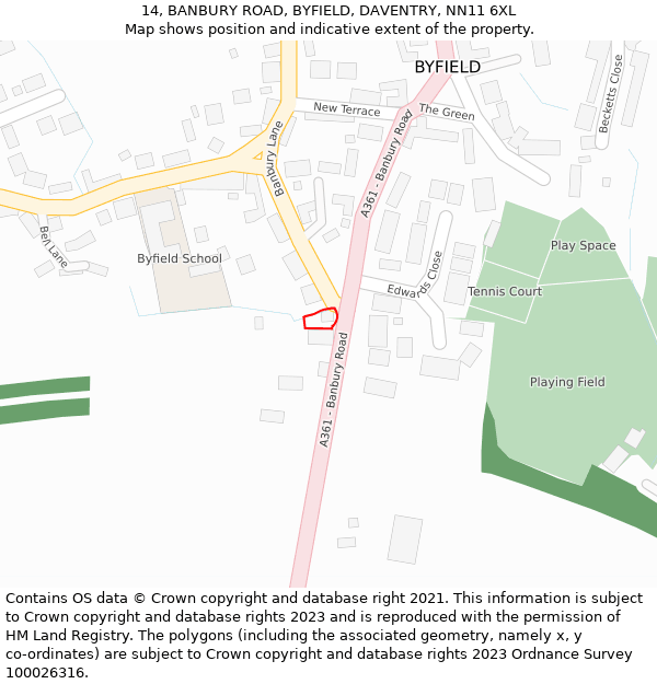 14, BANBURY ROAD, BYFIELD, DAVENTRY, NN11 6XL: Location map and indicative extent of plot