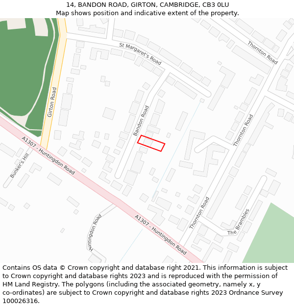 14, BANDON ROAD, GIRTON, CAMBRIDGE, CB3 0LU: Location map and indicative extent of plot