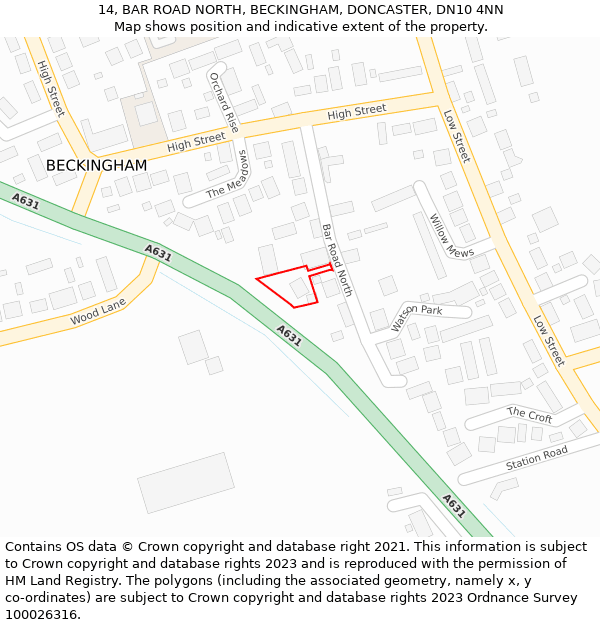 14, BAR ROAD NORTH, BECKINGHAM, DONCASTER, DN10 4NN: Location map and indicative extent of plot