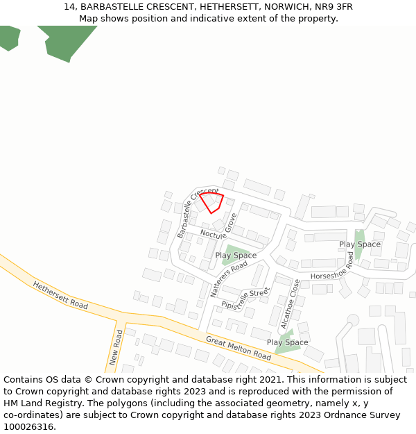 14, BARBASTELLE CRESCENT, HETHERSETT, NORWICH, NR9 3FR: Location map and indicative extent of plot