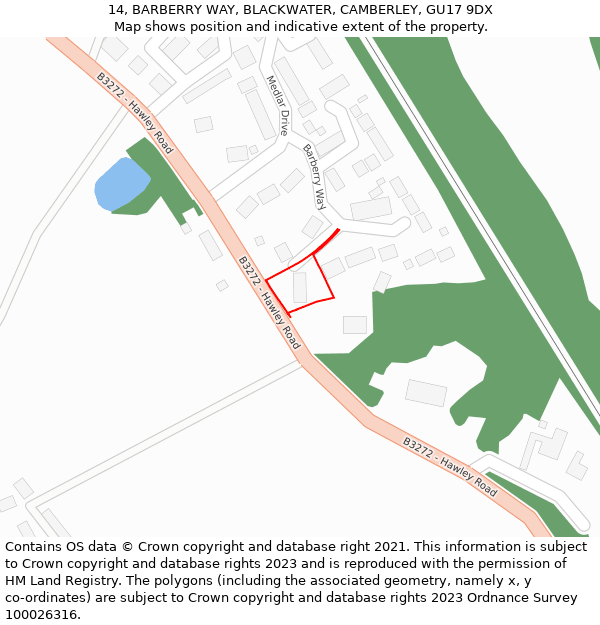 14, BARBERRY WAY, BLACKWATER, CAMBERLEY, GU17 9DX: Location map and indicative extent of plot