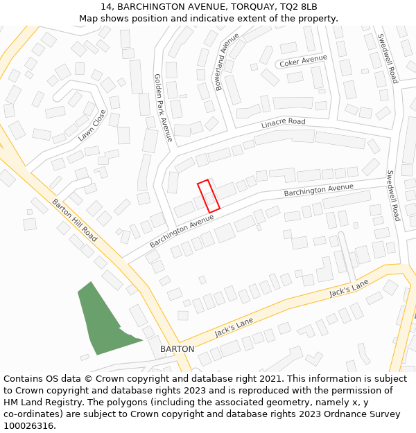 14, BARCHINGTON AVENUE, TORQUAY, TQ2 8LB: Location map and indicative extent of plot