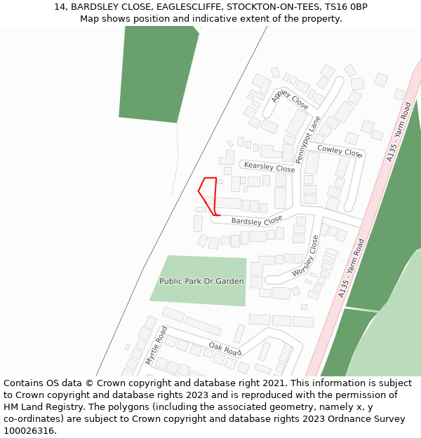 14, BARDSLEY CLOSE, EAGLESCLIFFE, STOCKTON-ON-TEES, TS16 0BP: Location map and indicative extent of plot