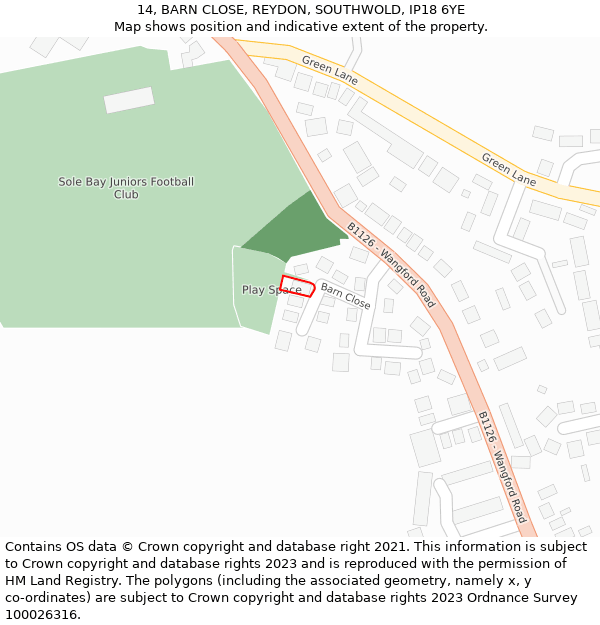 14, BARN CLOSE, REYDON, SOUTHWOLD, IP18 6YE: Location map and indicative extent of plot