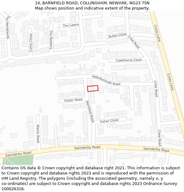 14, BARNFIELD ROAD, COLLINGHAM, NEWARK, NG23 7SN: Location map and indicative extent of plot