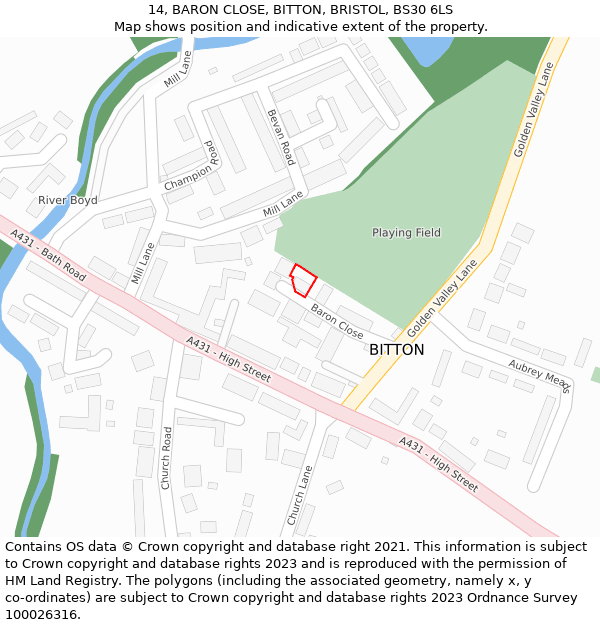 14, BARON CLOSE, BITTON, BRISTOL, BS30 6LS: Location map and indicative extent of plot