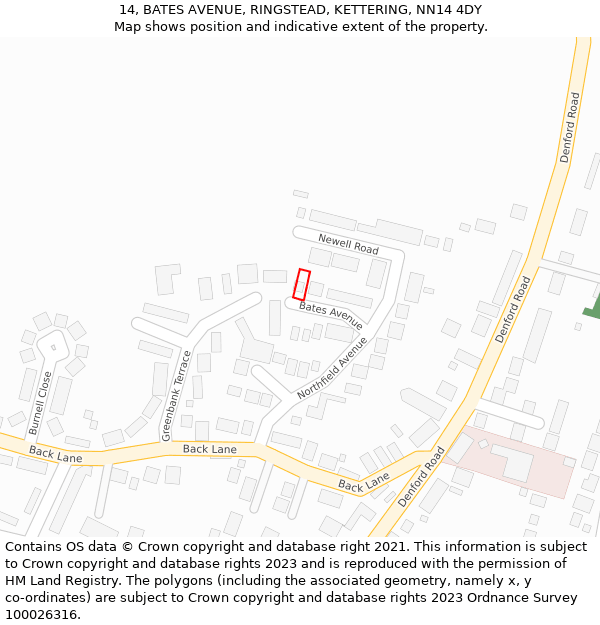14, BATES AVENUE, RINGSTEAD, KETTERING, NN14 4DY: Location map and indicative extent of plot