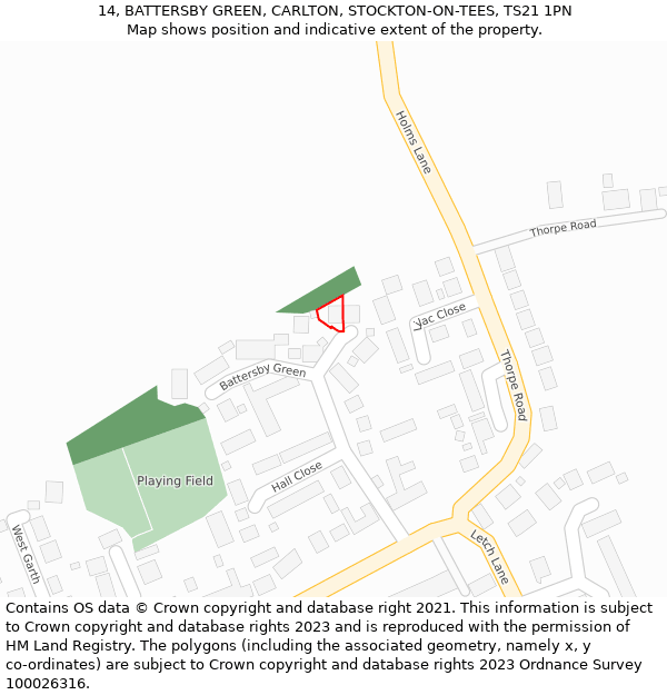 14, BATTERSBY GREEN, CARLTON, STOCKTON-ON-TEES, TS21 1PN: Location map and indicative extent of plot
