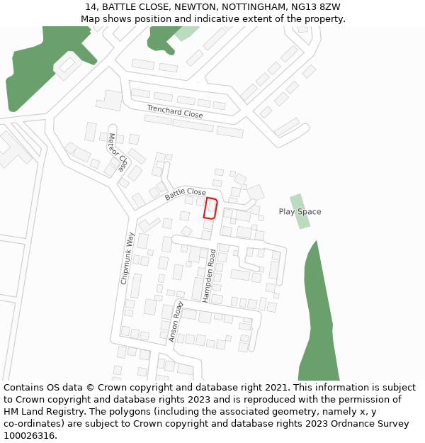 14, BATTLE CLOSE, NEWTON, NOTTINGHAM, NG13 8ZW: Location map and indicative extent of plot