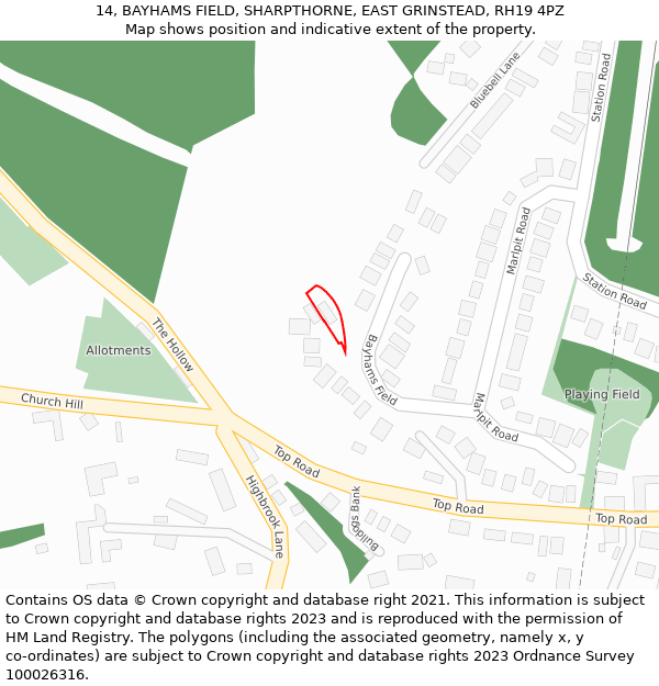 14, BAYHAMS FIELD, SHARPTHORNE, EAST GRINSTEAD, RH19 4PZ: Location map and indicative extent of plot