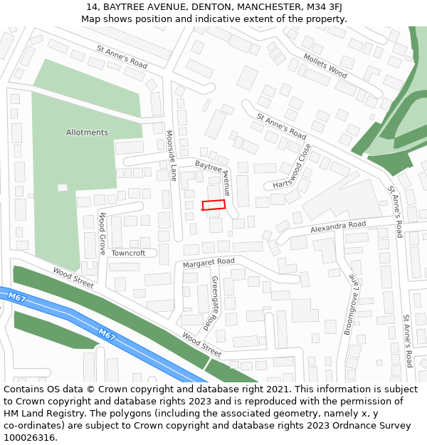 14, BAYTREE AVENUE, DENTON, MANCHESTER, M34 3FJ: Location map and indicative extent of plot