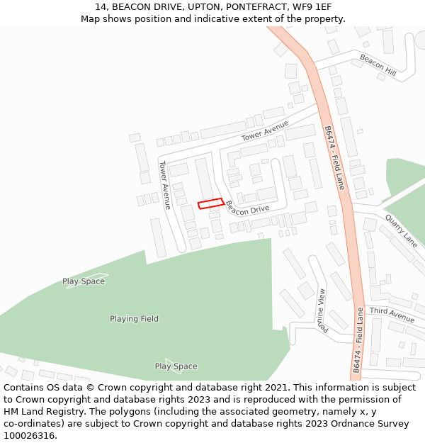 14, BEACON DRIVE, UPTON, PONTEFRACT, WF9 1EF: Location map and indicative extent of plot