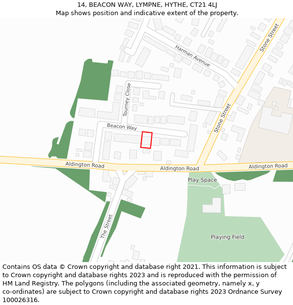 14, BEACON WAY, LYMPNE, HYTHE, CT21 4LJ: Location map and indicative extent of plot