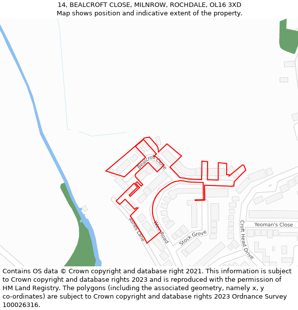 14, BEALCROFT CLOSE, MILNROW, ROCHDALE, OL16 3XD: Location map and indicative extent of plot