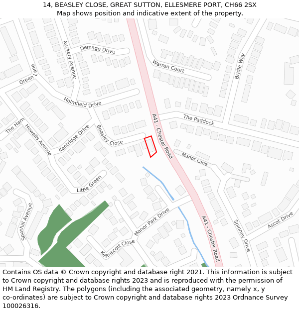 14, BEASLEY CLOSE, GREAT SUTTON, ELLESMERE PORT, CH66 2SX: Location map and indicative extent of plot