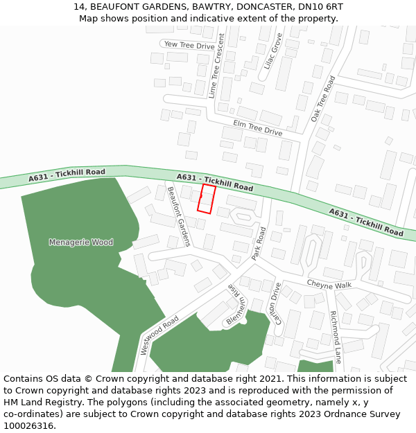 14, BEAUFONT GARDENS, BAWTRY, DONCASTER, DN10 6RT: Location map and indicative extent of plot