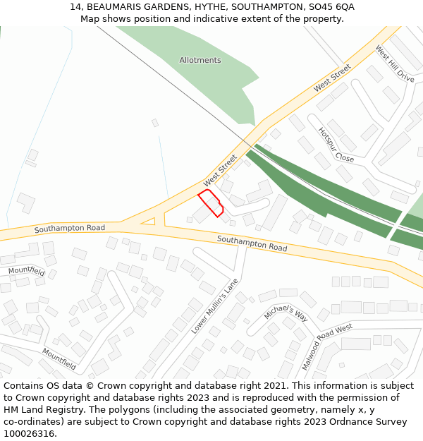 14, BEAUMARIS GARDENS, HYTHE, SOUTHAMPTON, SO45 6QA: Location map and indicative extent of plot