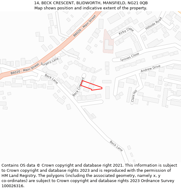 14, BECK CRESCENT, BLIDWORTH, MANSFIELD, NG21 0QB: Location map and indicative extent of plot