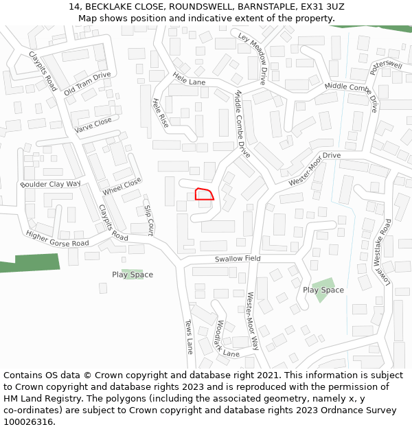 14, BECKLAKE CLOSE, ROUNDSWELL, BARNSTAPLE, EX31 3UZ: Location map and indicative extent of plot