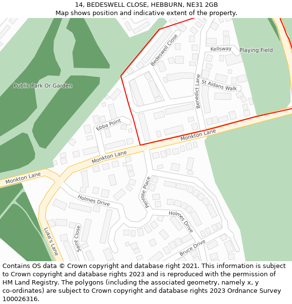 14, BEDESWELL CLOSE, HEBBURN, NE31 2GB: Location map and indicative extent of plot