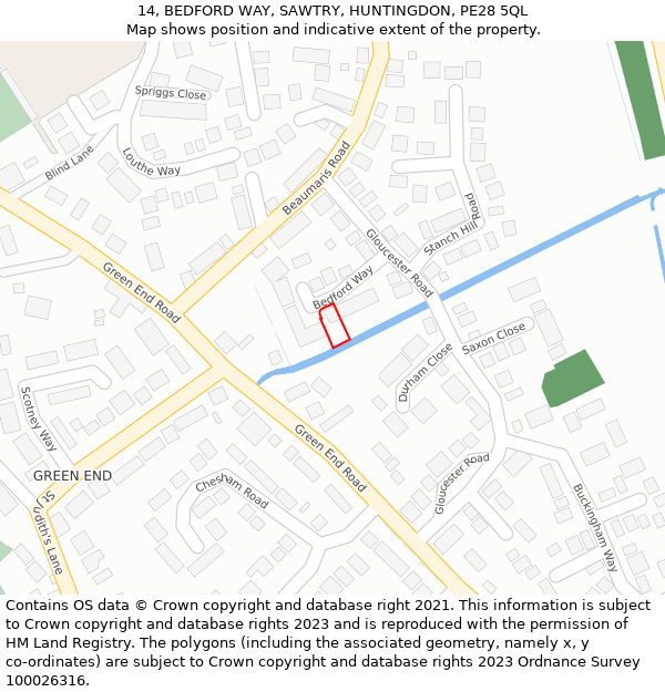 14, BEDFORD WAY, SAWTRY, HUNTINGDON, PE28 5QL: Location map and indicative extent of plot