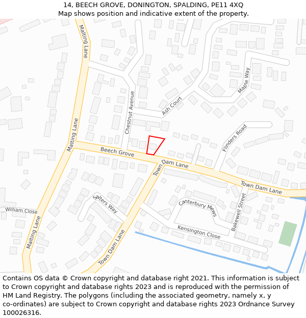 14, BEECH GROVE, DONINGTON, SPALDING, PE11 4XQ: Location map and indicative extent of plot