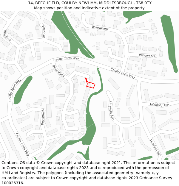 14, BEECHFIELD, COULBY NEWHAM, MIDDLESBROUGH, TS8 0TY: Location map and indicative extent of plot