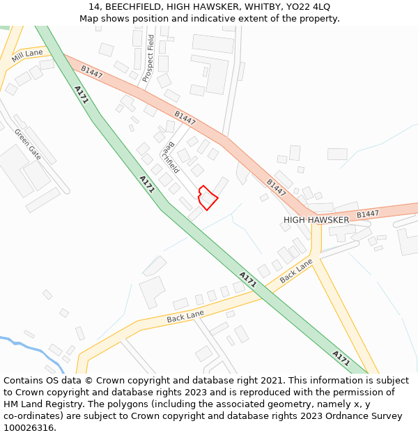 14, BEECHFIELD, HIGH HAWSKER, WHITBY, YO22 4LQ: Location map and indicative extent of plot