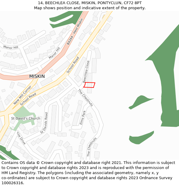 14, BEECHLEA CLOSE, MISKIN, PONTYCLUN, CF72 8PT: Location map and indicative extent of plot