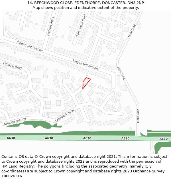 14, BEECHWOOD CLOSE, EDENTHORPE, DONCASTER, DN3 2NP: Location map and indicative extent of plot