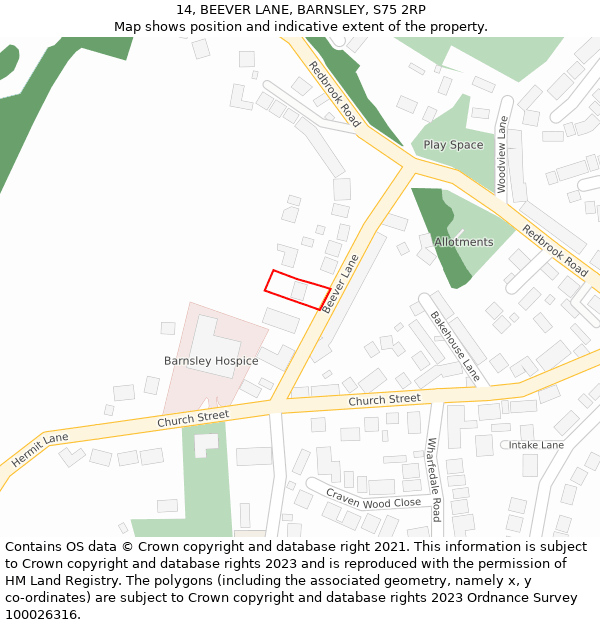 14, BEEVER LANE, BARNSLEY, S75 2RP: Location map and indicative extent of plot