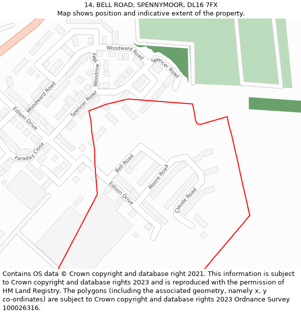 14, BELL ROAD, SPENNYMOOR, DL16 7FX: Location map and indicative extent of plot