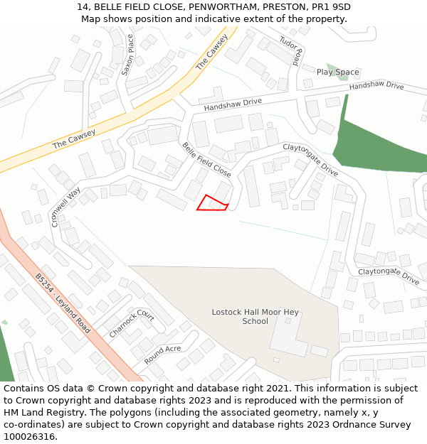 14, BELLE FIELD CLOSE, PENWORTHAM, PRESTON, PR1 9SD: Location map and indicative extent of plot