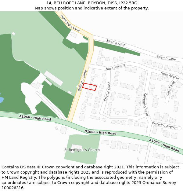 14, BELLROPE LANE, ROYDON, DISS, IP22 5RG: Location map and indicative extent of plot