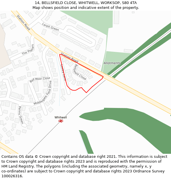 14, BELLSFIELD CLOSE, WHITWELL, WORKSOP, S80 4TA: Location map and indicative extent of plot