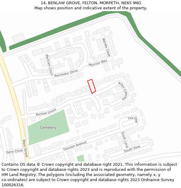 14, BENLAW GROVE, FELTON, MORPETH, NE65 9NG: Location map and indicative extent of plot