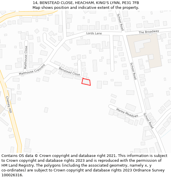 14, BENSTEAD CLOSE, HEACHAM, KING'S LYNN, PE31 7FB: Location map and indicative extent of plot