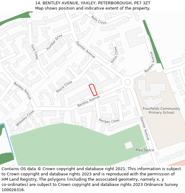 14, BENTLEY AVENUE, YAXLEY, PETERBOROUGH, PE7 3ZT: Location map and indicative extent of plot