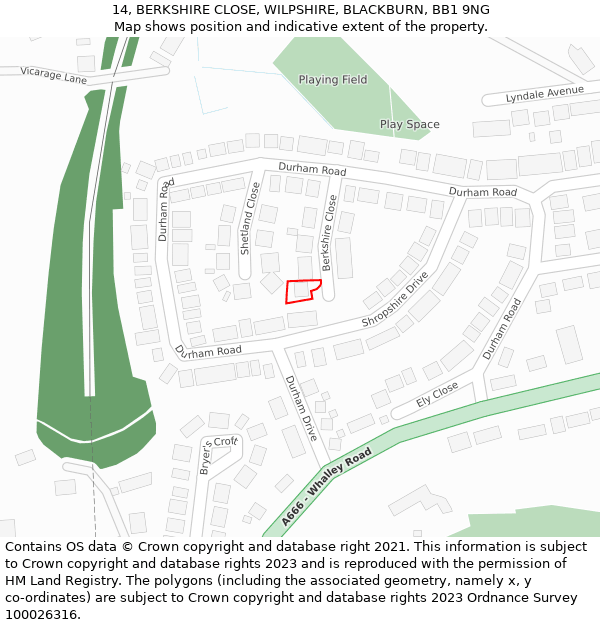14, BERKSHIRE CLOSE, WILPSHIRE, BLACKBURN, BB1 9NG: Location map and indicative extent of plot