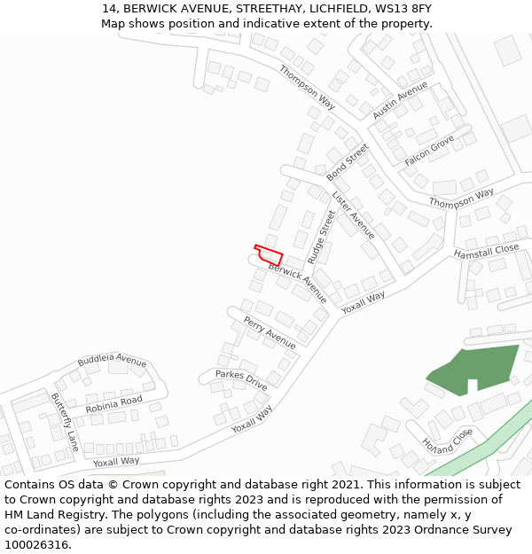 14, BERWICK AVENUE, STREETHAY, LICHFIELD, WS13 8FY: Location map and indicative extent of plot