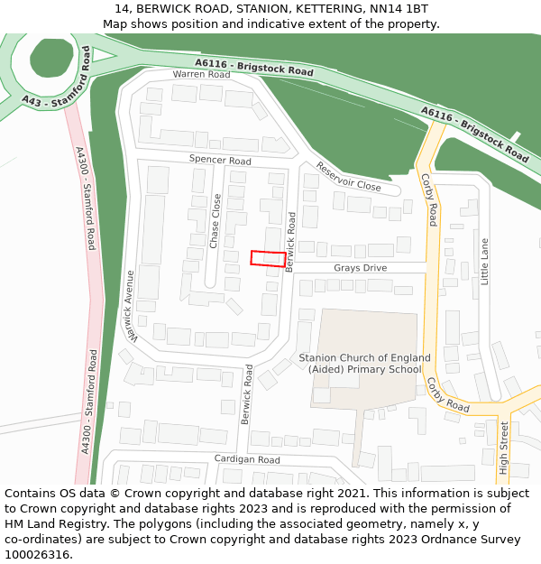 14, BERWICK ROAD, STANION, KETTERING, NN14 1BT: Location map and indicative extent of plot