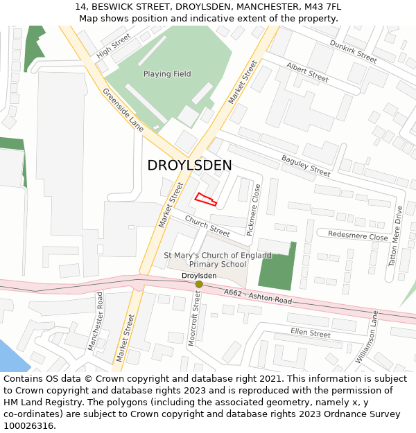 14, BESWICK STREET, DROYLSDEN, MANCHESTER, M43 7FL: Location map and indicative extent of plot